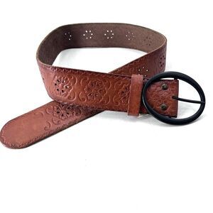 American Eagle Brown Tooled Leather Boho 2" Wide Belt Womens XS